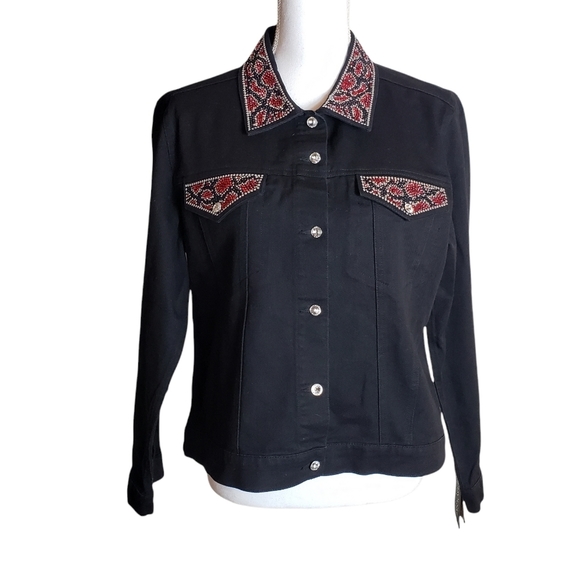 Christine Alexander Black Denim Jacket Sz Medium Swarovski Crystal Western Rodeo - Picture 1 of 14